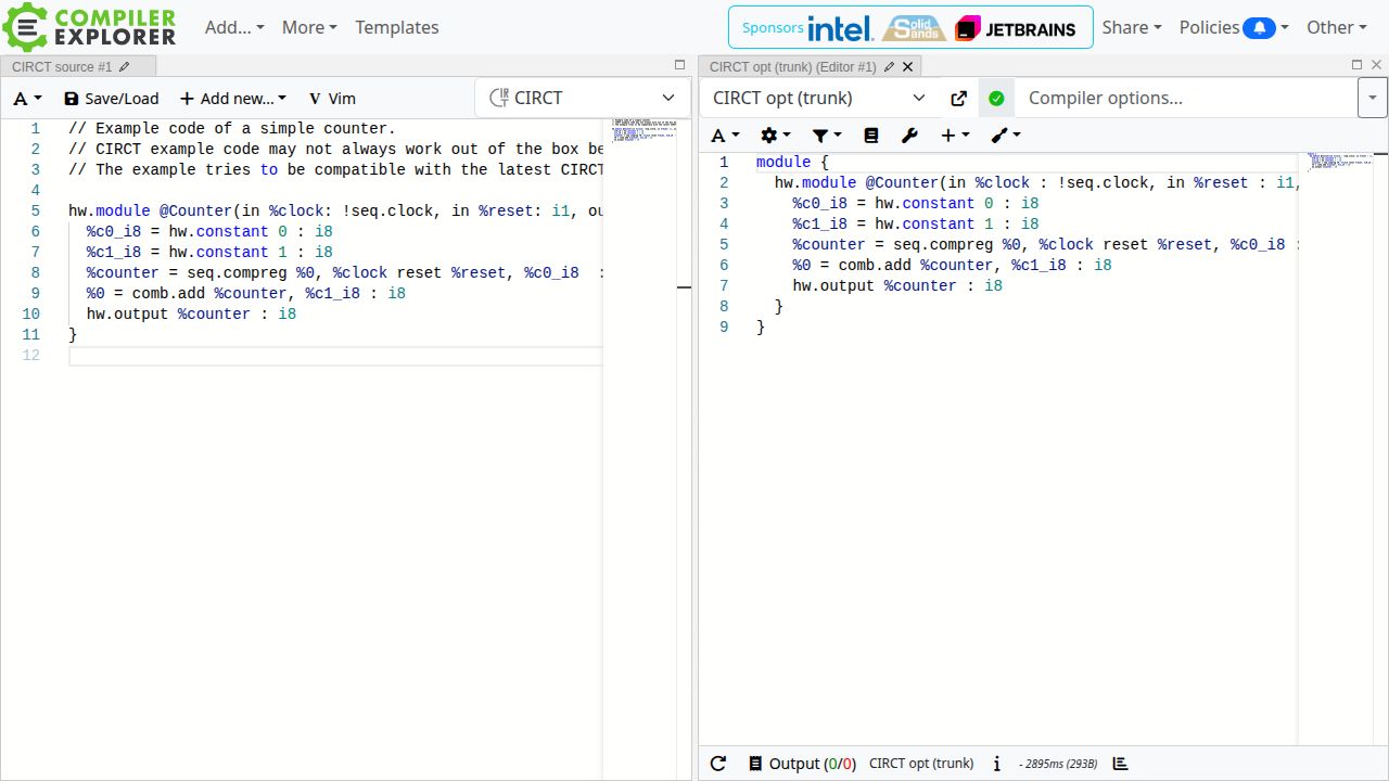 Compiler Explorer running CIRCT opt on a small CIRCT module