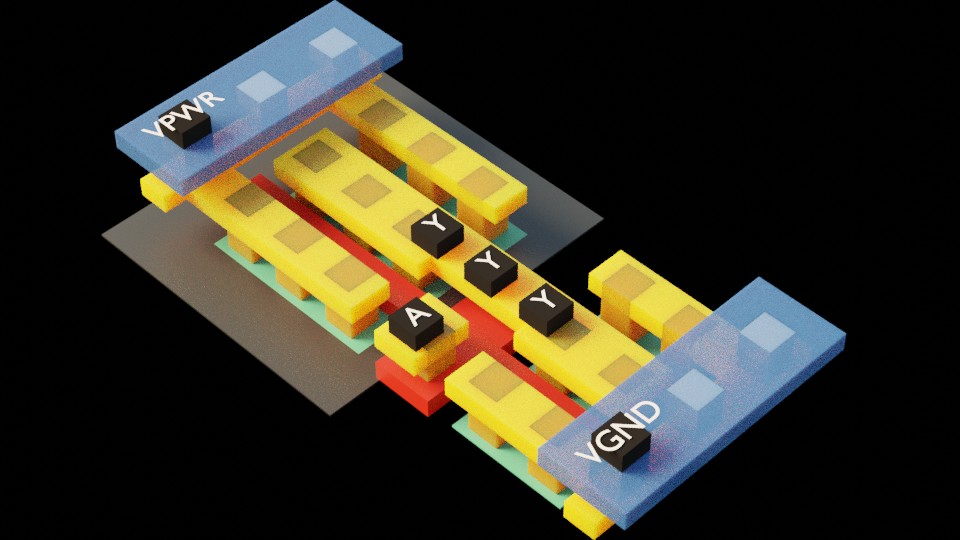 Perspective rendering of an unlabelled SKY130 standard cell with input A, output Y, power, and ground pins