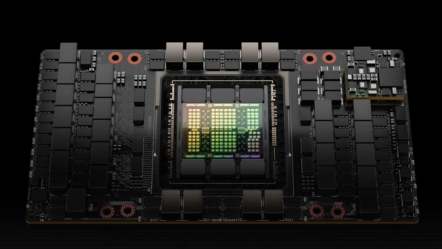 NVIDIA H100 SXM5 GPU module with the central Hopper GPU and surrounding HBM stacks