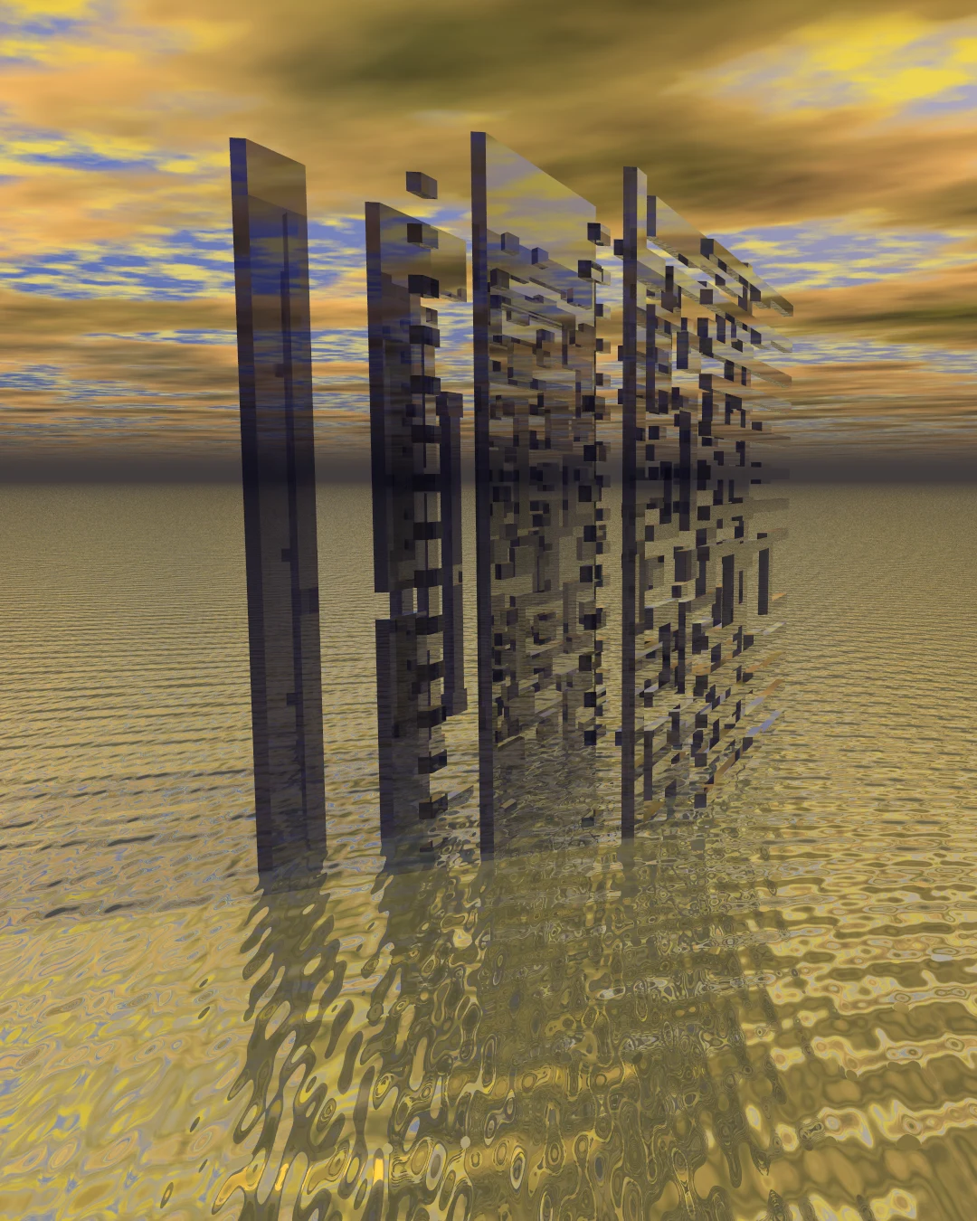 Abstract digital structure reflected over water under a gold sky