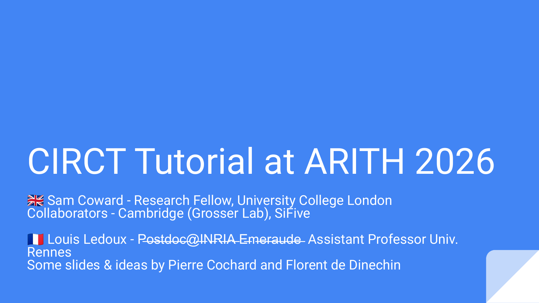 Title slide for the CIRCT Tutorial at ARITH 2026.