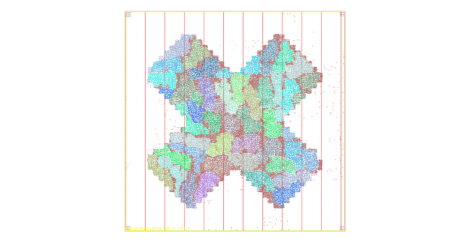 OpenROAD placement frame showing a colored arithmetic layout shaped like an ARITH logo.