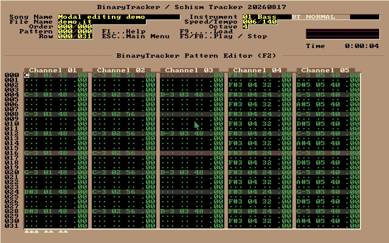 The current BinaryTracker pattern editor showing five channels and BT NORMAL mode.