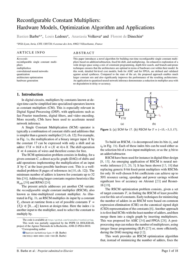 Reconfigurable Constant Multipliers: Hardware Models, Optimization Algorithm and Applications