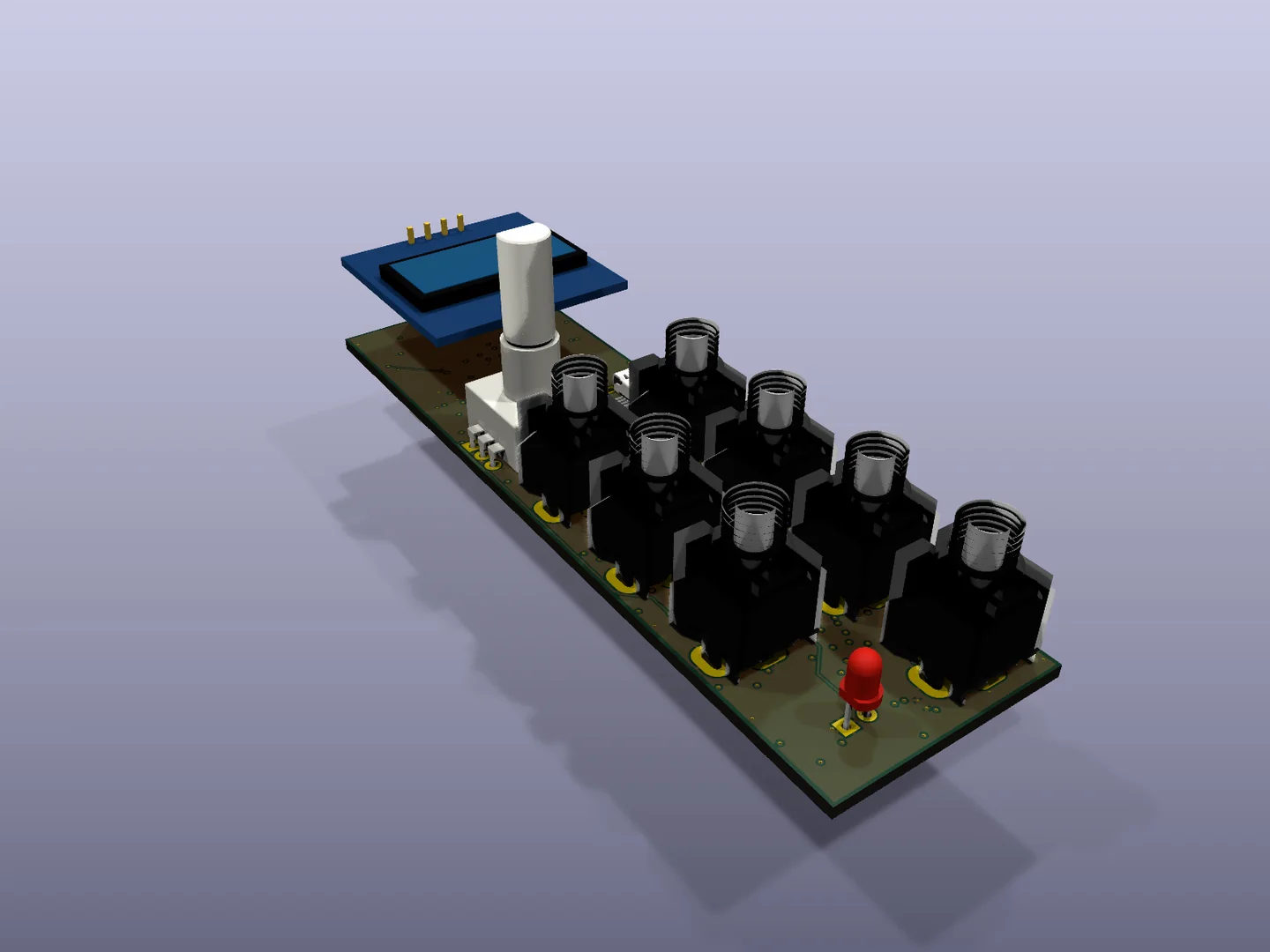KiCad 3D render of the Binary Instruments quantizer Rev A PCB.