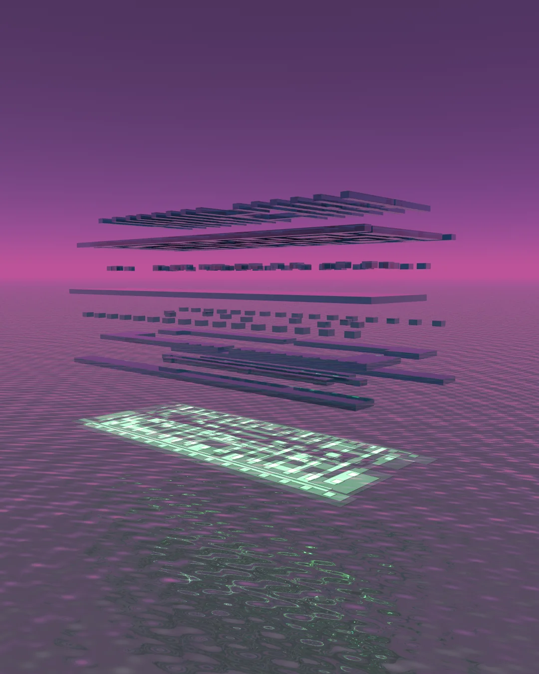 An artistic Bryce render of geometry derived from a SKY130HD full adder.