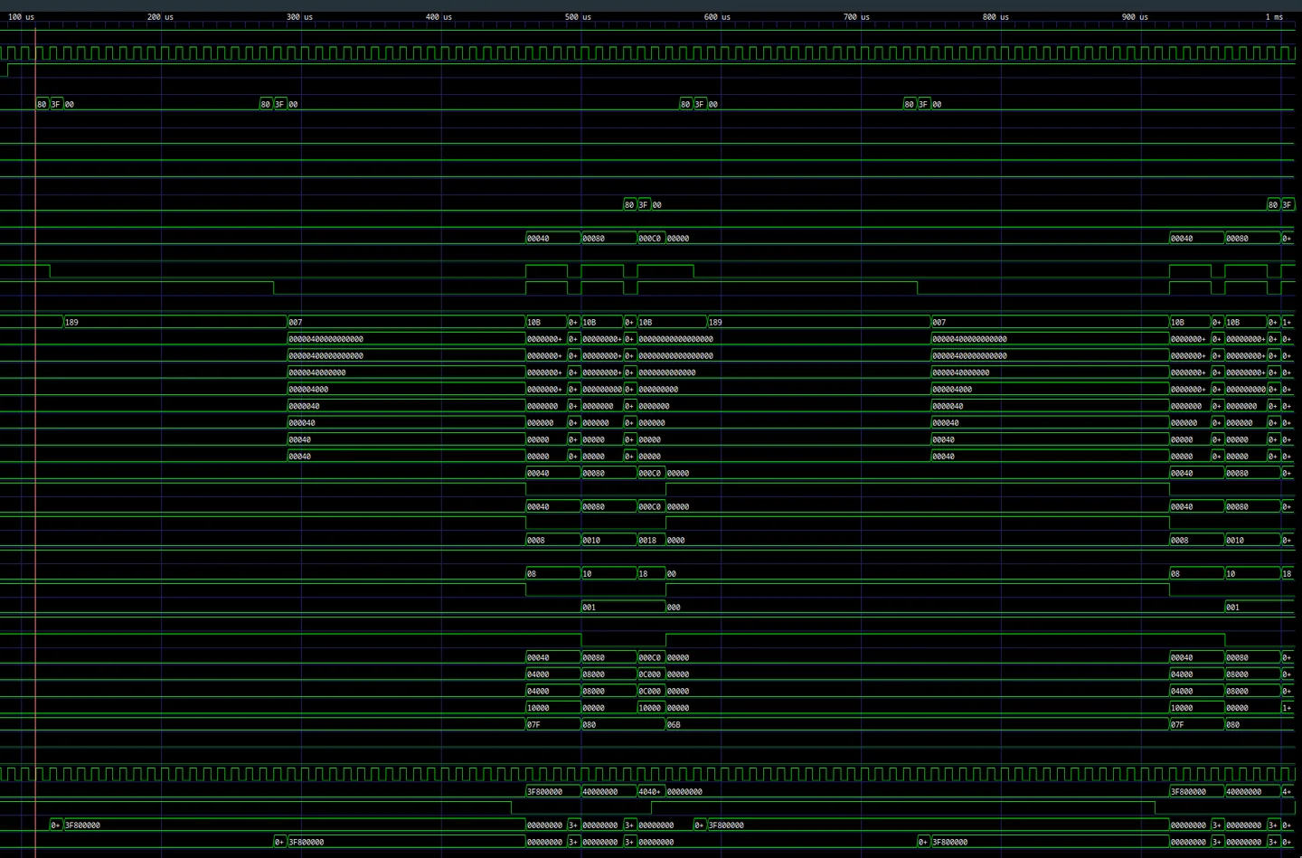 Simulation waveform showing byte-fed input loading, execution delay, and streamed result output for the TinyTapeout wrapper.