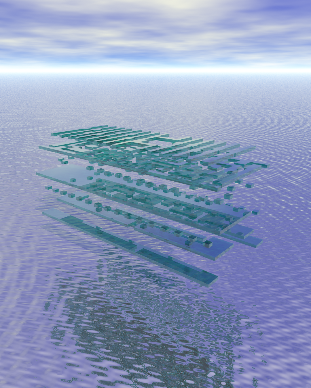 Primary 4:5 Bryce render of the exploded SKY130HD full adder stack catching the water reflections.